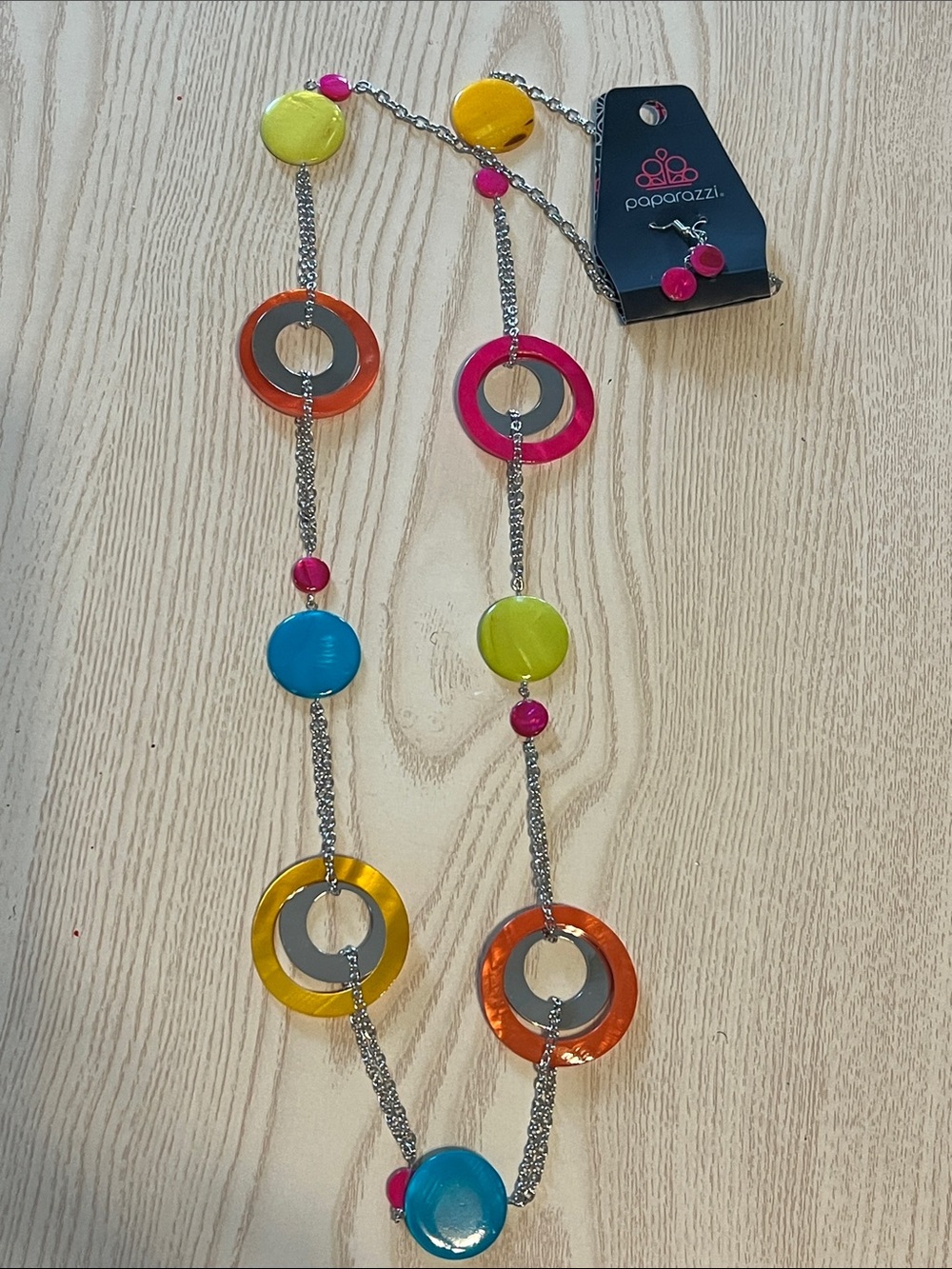 Paparazzi Bright Multicolor Disc Necklace with Pink Stud Earrings